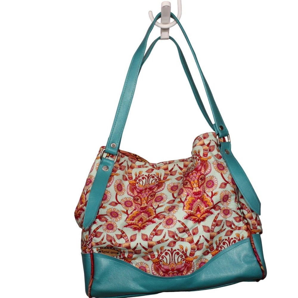 Karried Astray Teal Green Faux Leather Floral Fabric Satchel Shoulder Purse - Picture 4 of 14